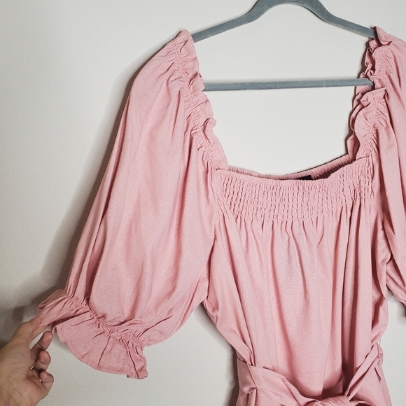 Eloquii Pink Square Neck Ruffled Smocked Front Linen Mini Day Dress - Picture 6 of 11